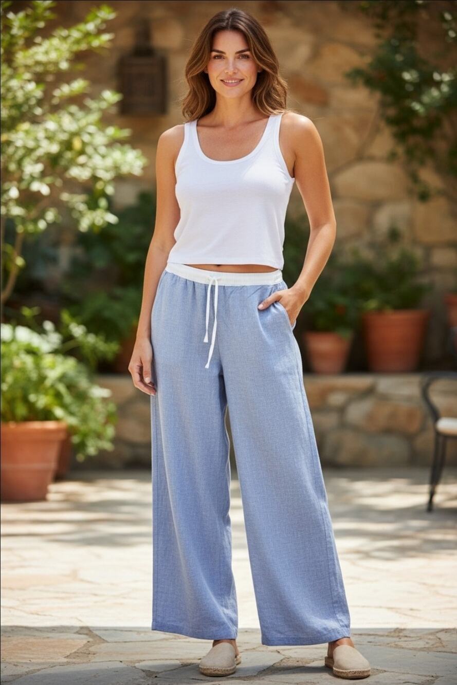 LINTICO NWT Light Blue 100% Europ Linen Wide Leg Drawstring Pants Size XL Luxury
